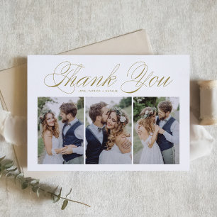 Goldene Schrift Drei-Foto-Collage-Hochzeit Dankeskarte