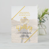 Goldene Schriftzeichen 2 Fotos schicke Hochzeit Folieneinladung (Stehend vorne)