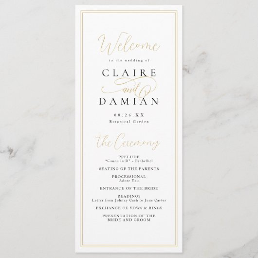 Goldene Schwarze Eleganz romantische Hochzeit Programm (Vorderseite)