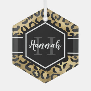 Goldene schwarze Leopardenpunkte-Monogramm Ornament Aus Glas