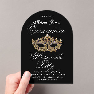 Goldene schwarze Maskerade Quinceanera Geburtstag  Acryleinladungen