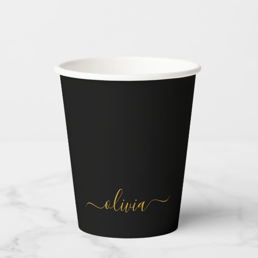 Goldene schwarze Monogramm-Papierbecher Pappbecher (Vorderseite)
