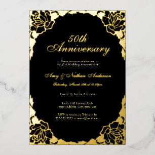 Goldene schwarze Rosenblatt 50. Hochzeitstag Folieneinladung