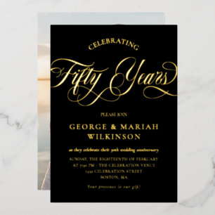 Goldene schwarze Schwung Schrift 50. Hochzeitstag Folieneinladung