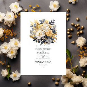 Goldene, schwarze und weiße florale Winterhochzeit Einladung