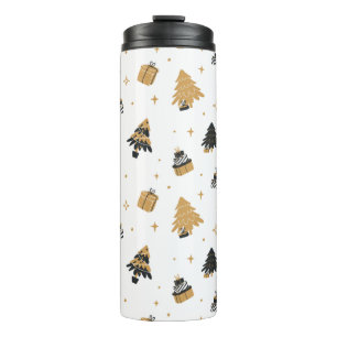 Goldene schwarze Weihnachtsbäume Muster Thermosbecher