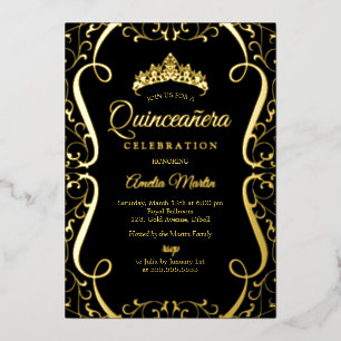 Goldene schwarze Wirbel Elegante Quinceanera Folieneinladung