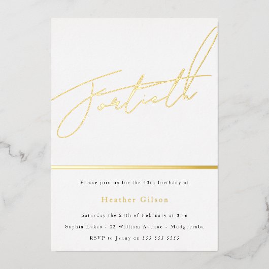 Goldene Script Schwarz-weiß Mens Frauen 40. Geburt Folieneinladung (Vorderseite)