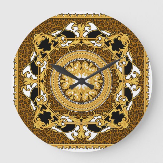 Goldene Scrolls für Tiere Seide Große Wanduhr (Vorderseite)