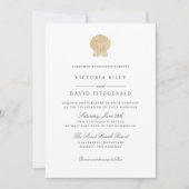 Goldene Seashell Hochzeit am Meer Einladung (Vorderseite)