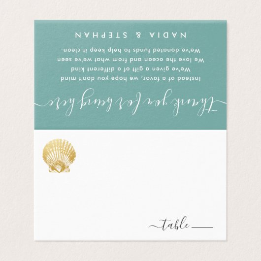 Goldene Seashell-Platzkarte mit Strandspendengedic Visitenkarten (Außenseite Aufgefaltet)