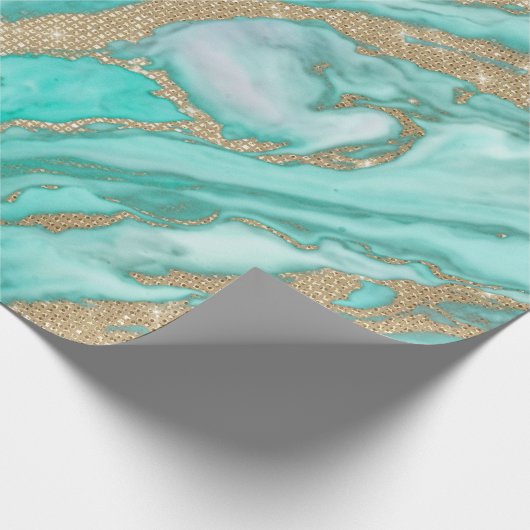 Goldene Sequin-Glitzer Aquamariner Smoky-Marmor Geschenkpapier (Ecke)