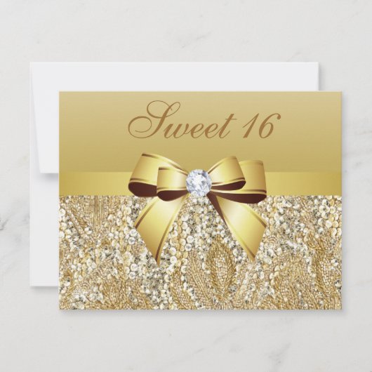 Goldene Sequinen, Bow & Diamond Sweet 16 Einladung (Vorderseite)