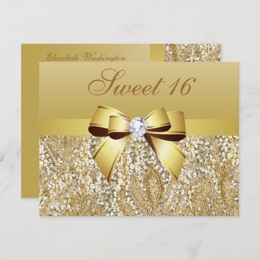 Goldene Sequinen, Bow & Diamond Sweet 16 Einladung (Vorne/Hinten)