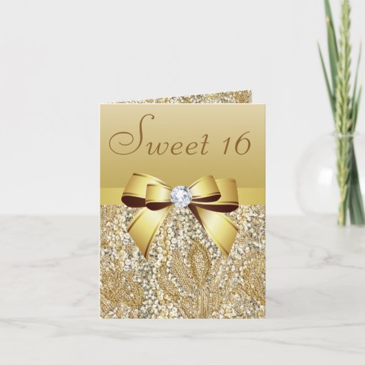 Goldene Sequinen, Bow & Diamond Sweet 16 Einladung (Vorderseite)