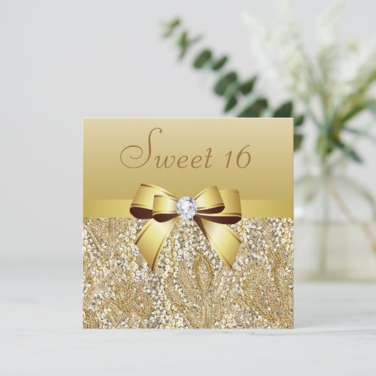 Goldene Sequinen, Bow & Diamond Sweet 16 Einladung (Stehend Vorderseite)