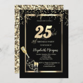 Goldene Sequins, Weinglas Flasche 25. Geburtstag Einladung (Vorne/Hinten)