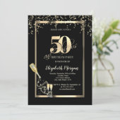 Goldene Sequins, Weinglas Flasche 50. Geburtstag Einladung (Stehend Vorderseite)
