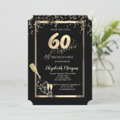 Goldene Sequins, Weinglas Flasche 60. Geburtstag Einladung (Stehend Vorderseite)