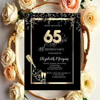 Goldene Sequins, Weinglas Flasche 65. Geburtstag Einladung