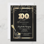 Goldene Sequins, Weinglas Flasche zum 100. Geburts Einladung (Vorderseite)
