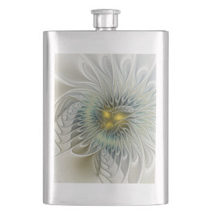 Goldene Silber-Blumen-Fantasie-Abstrakte Fraktal-K Flachmann