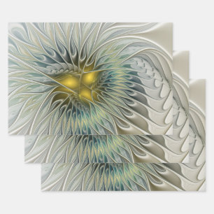 Goldene Silber-Blumen-Fantasie abstrakte Fraktal-K Geschenkpapier Set