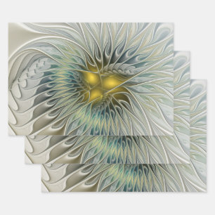 Goldene Silber-Blumen-Fantasie abstrakte Fraktal-K Geschenkpapier Set