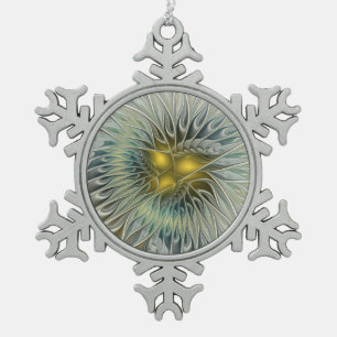 Goldene Silber-Blumen-Fantasie-Abstrakte Fraktal-K Schneeflocken Zinn-Ornament