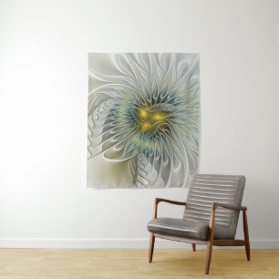 Goldene Silber-Blumen-Fantasie abstrakte Fraktal-K Wandteppich