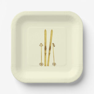Goldene Skier und Polen Retro Ski Illustration C Pappteller