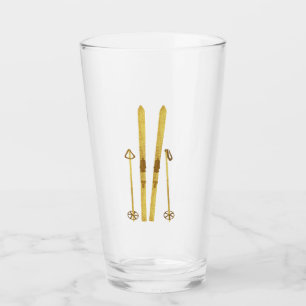 Goldene Skier und Polen   Retro Ski Illustration Glas