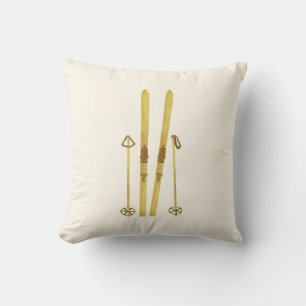 Goldene Skier und Polen   Retro Ski Illustration Kissen