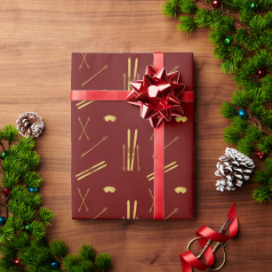 Goldene Skier und Polen   Retro Ski Muster Red Geschenkpapier