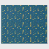 Goldene Skier und Polen | Retro Ski Pattern Blau Geschenkpapier (Flach)