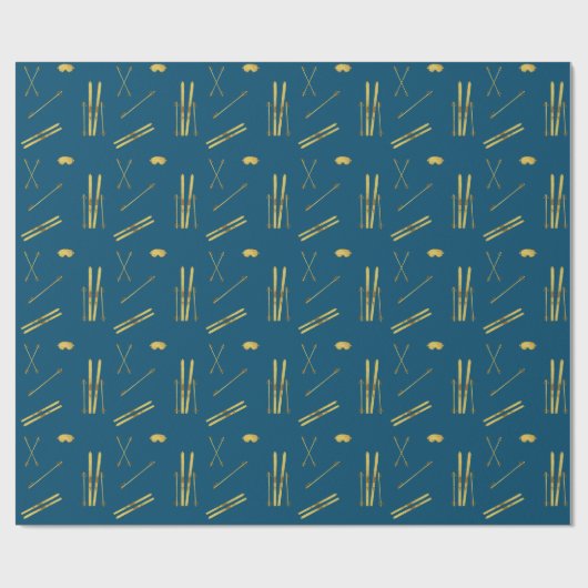 Goldene Skier und Polen | Retro Ski Pattern Blau Geschenkpapier (Flach)