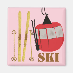 Goldene Skier und Polen Retro Skilift Urlaub Ros Magnet