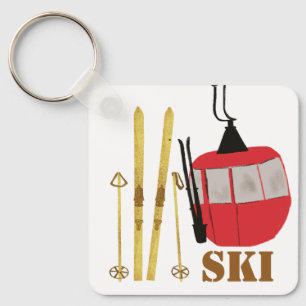 Goldene Skier und Polen   Retro Skilift Urlaub Ros Schlüsselanhänger