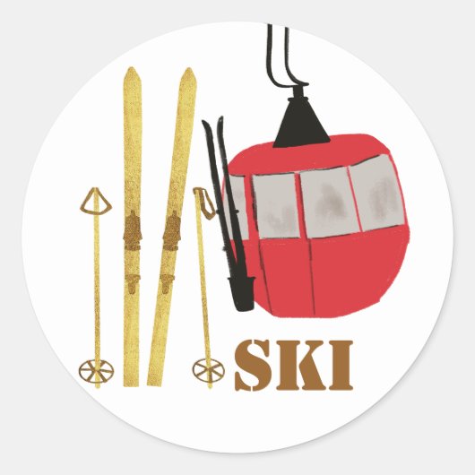 Goldene Skier und Polen | Retro Skilift Urlaub Runder Aufkleber (Vorderseite)