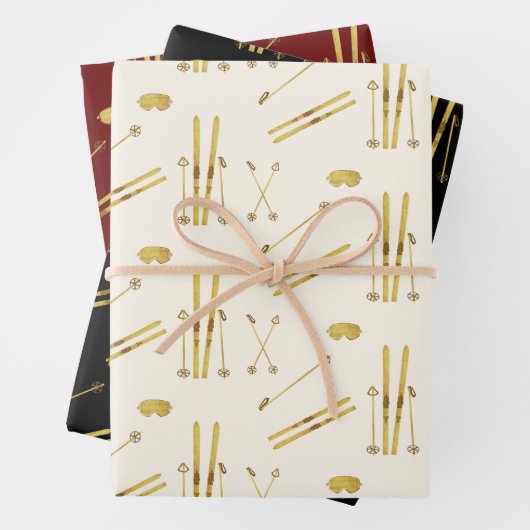 Goldene Skier und Polen | Urlaubsmuster Skigebiet Geschenkpapier Set (Beispiel)