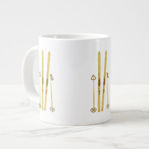 Goldene Skier und Skistöcke Vintage Skierillustr Jumbo-Tasse