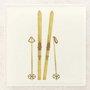 Goldene Skier und Stöcke Retro-Ski-Illustration Glasuntersetzer