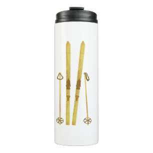 Goldene Skier und Stöcke Retro-Ski-Illustration Thermosbecher