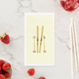 Goldene Skistöcke Vintage-Ski-Illustration Creme Serviette