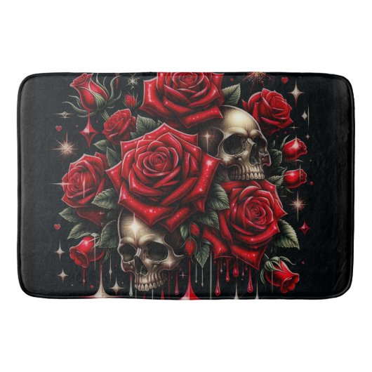 Goldene Skulls & Rote Rosen Sparkle Gotische Glamo Badematte (Vorderseite)
