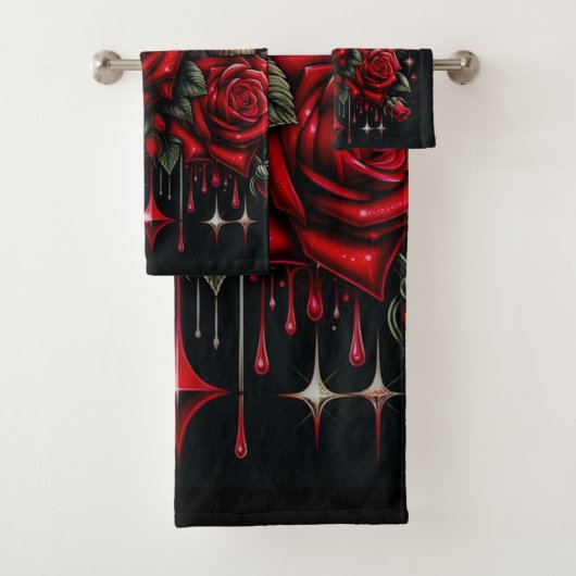 Goldene Skulls & Rote Rosen Sparkle Gotische Glamo Badhandtuch Set (Insitu)