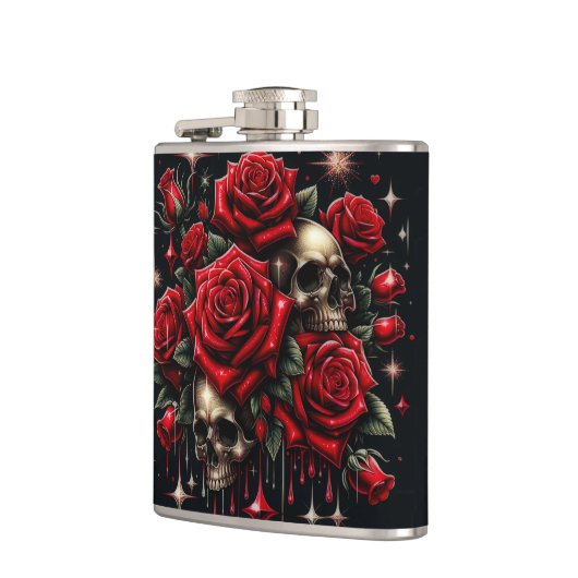 Goldene Skulls & Rote Rosen Sparkle Gotische Glamo Flachmann (Links)