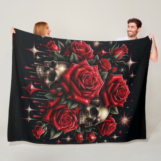 Goldene Skulls & Rote Rosen Sparkle Gotische Glamo Fleecedecke (Beispiel)