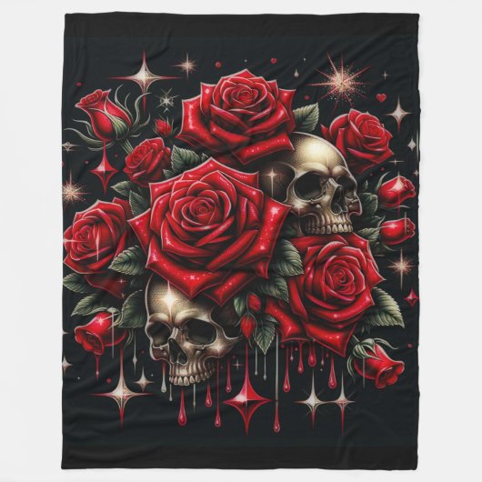Goldene Skulls & Rote Rosen Sparkle Gotische Glamo Fleecedecke (Vorderseite)