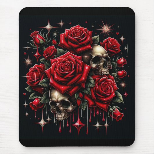 Goldene Skulls & Rote Rosen Sparkle Gotische Glamo Mousepad (Vorne)